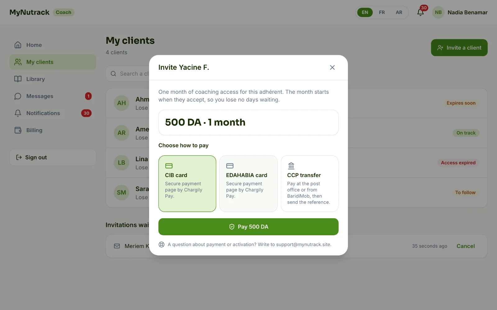Screenshot — Pay their first month (500 DA)