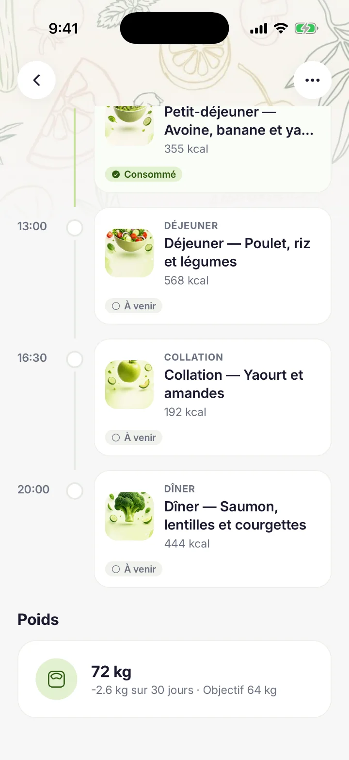 Screenshot — Coach meals and weight