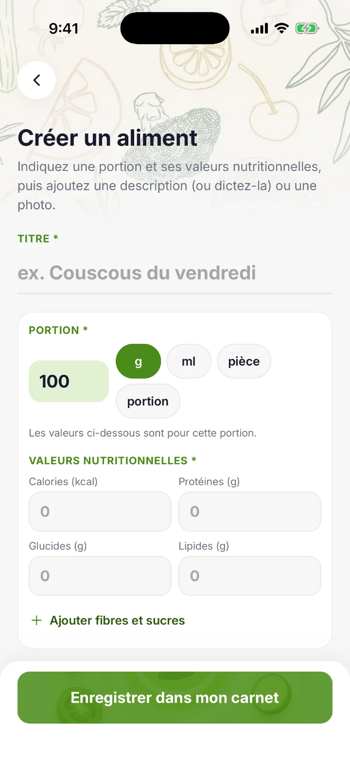 Screenshot — Create your food