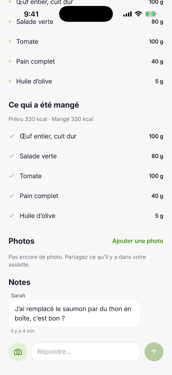 Screenshot — Notes and photos on a meal